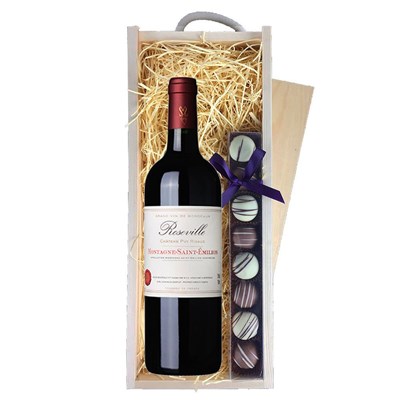 Roseville Bordeaux 75cl Red Wine & Heart Truffles, Wooden Box